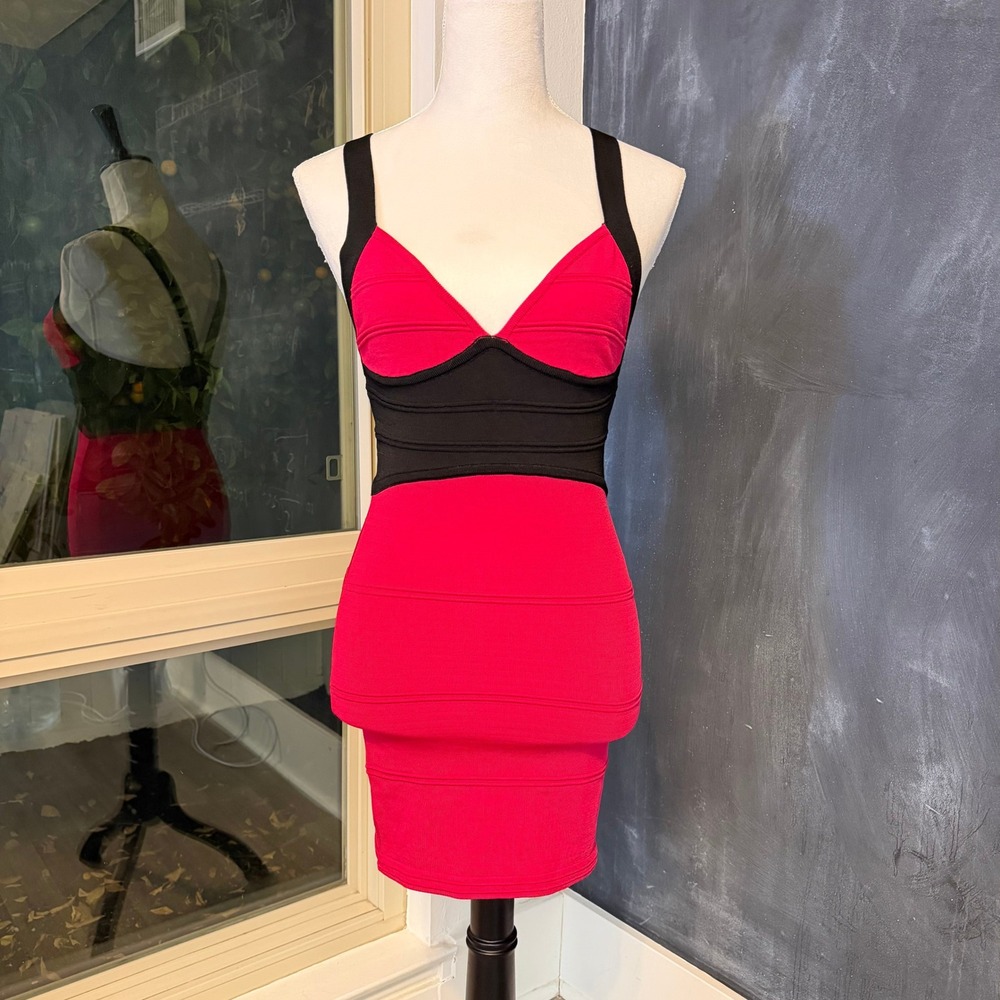bebe Y2K Pink Black Bandage Bodycon Mini Dress Womens XS Bustier V Neck